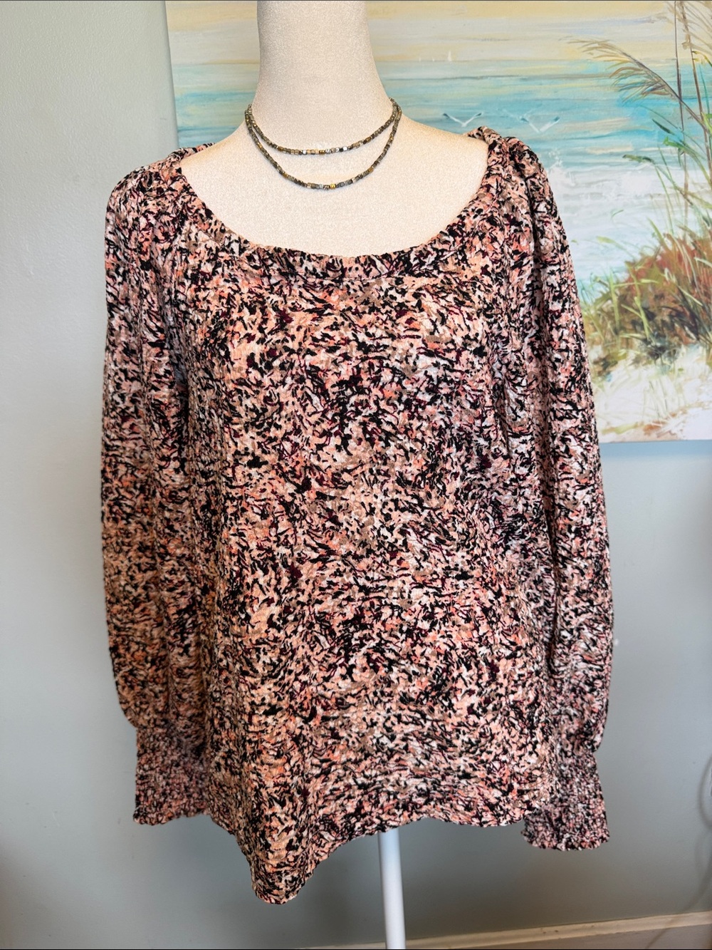 LOFT Pink Black Multi-Print Scoop Neck Long Sleeve Top